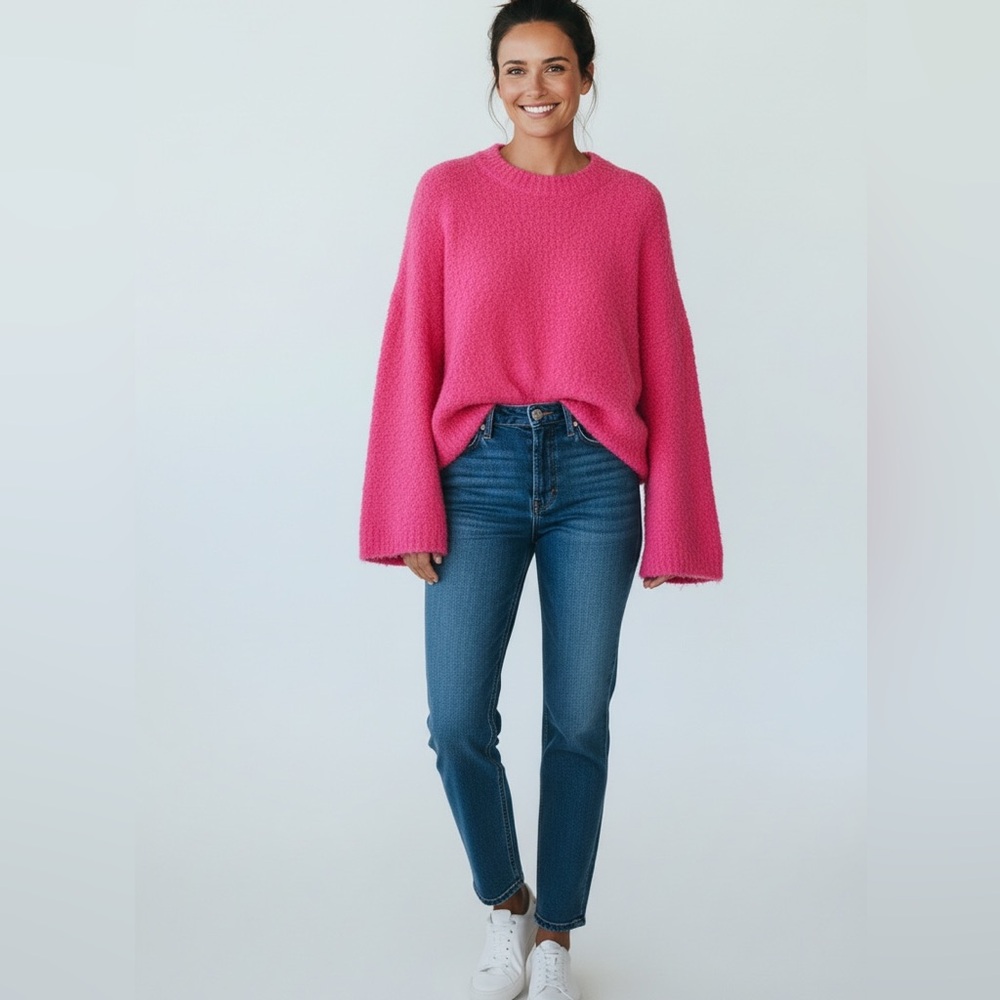 1. State Vibrant Hot Berry Pink Wide Sleeve Oversized Crew Neck Sweater L